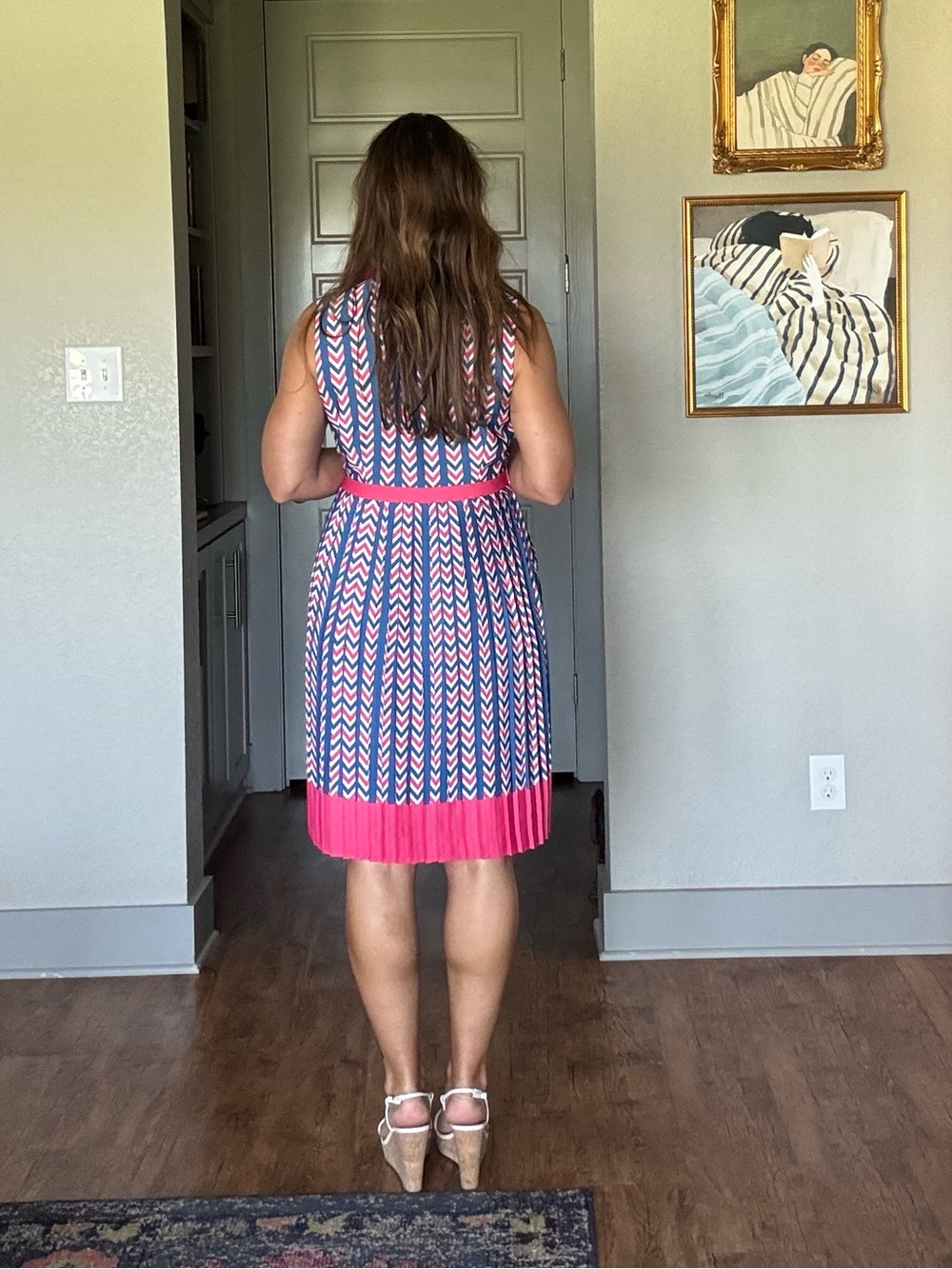 ModCloth Chevron Print Pleated Hem Shirt Dress Pink Blue Retro Size Large - Picture 3 of 5